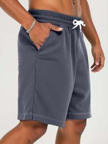 RueChic 100%Cotton Men Coconut Tree Print Drawstring Waist Shorts - Grey - View 4