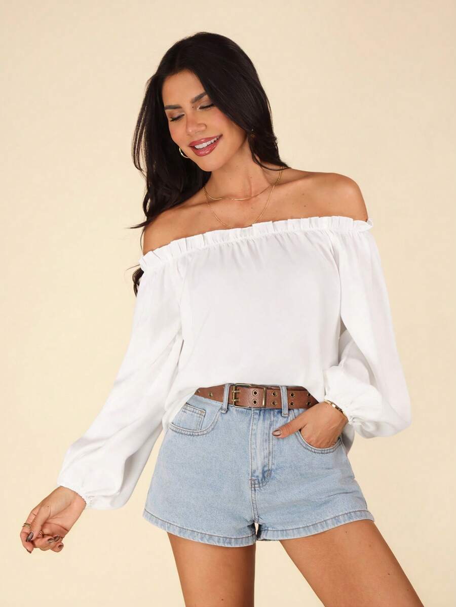 SHEIN VCAY Blusa de hombros descubiertos ribete fruncido de manga farol