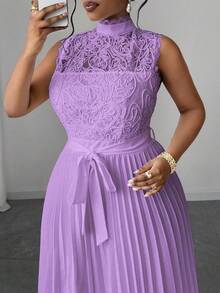 Maweii Plus Size Elegant Commuter Lace Patchwork Pleated Waist Sleeveless Dress - Mauve Purple - View 3