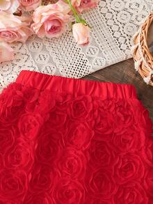 SHEIN Explorewe 少女甜美优雅杏色3D玫瑰纹理网纱A字公主迷你裙 - 紅色 - 查看 7