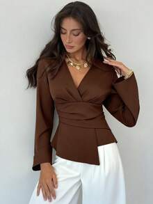 Aloruh Áo sơ mi dài tay cổ chữ V thắt eo màu cà phê, đi làm/đi chơi, áo nâu, áo cánh nữ, áo cánh thanh lịch dành cho nữ, lễ tạ ơn dành cho nữ, áo cánh sang trọng dành cho nữ, áo công sở, phong cách quý tộc, áo sơ mi trơn màu - Cà phê nâu - Xem 7