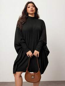 Enliva 大码女装长袖连衣裙，蝙蝠袖长袖连衣裙，适合秋冬季节，适合苹果型圆臀身材 - 黑色 - 查看 3