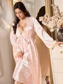LuxeNights Butterfly Jacquard Faux Silk Contrast Lace Camisole Nightgown And Robe Set,Pink And White Elegant Autumn Sleep Satin Sleepwear Lingerie Night Gown - Baby Pink - View 3