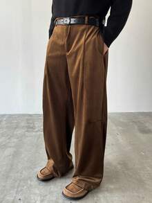 Manfinity EMRG Men's Casual Loose Pleated Cargo Pants,Coffee Brown,Autumn,Elegant,Work Streetwear Baggy Japanese Style Graphic Unisex Versatile Daily Trouser Gift - Brown - View 3
