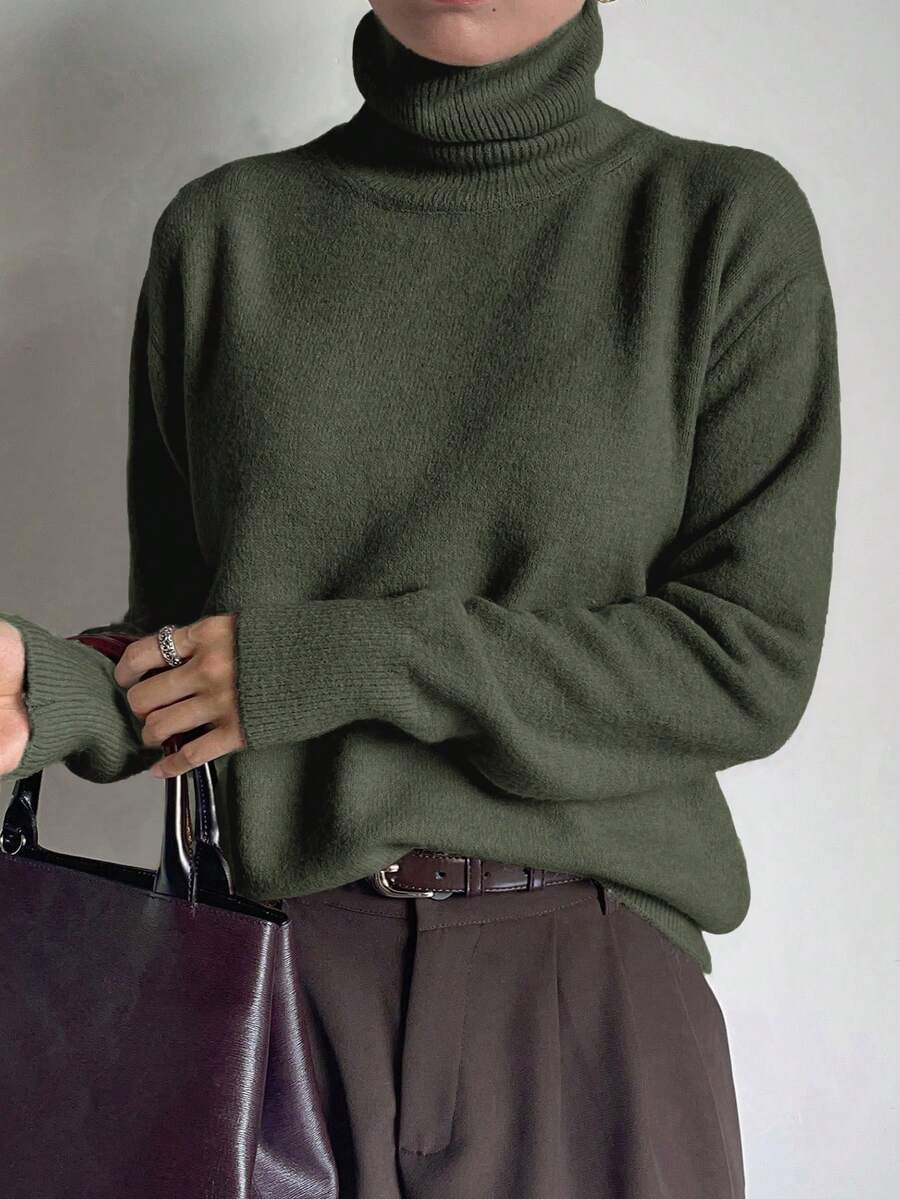 DAZY Women's Business Casual Pullover Turtleneck Sweater - Army Green - View 1