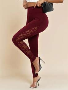 Amorya Women's Solid Color High Waist Contrast Lace Leggings - Maroon - View 2