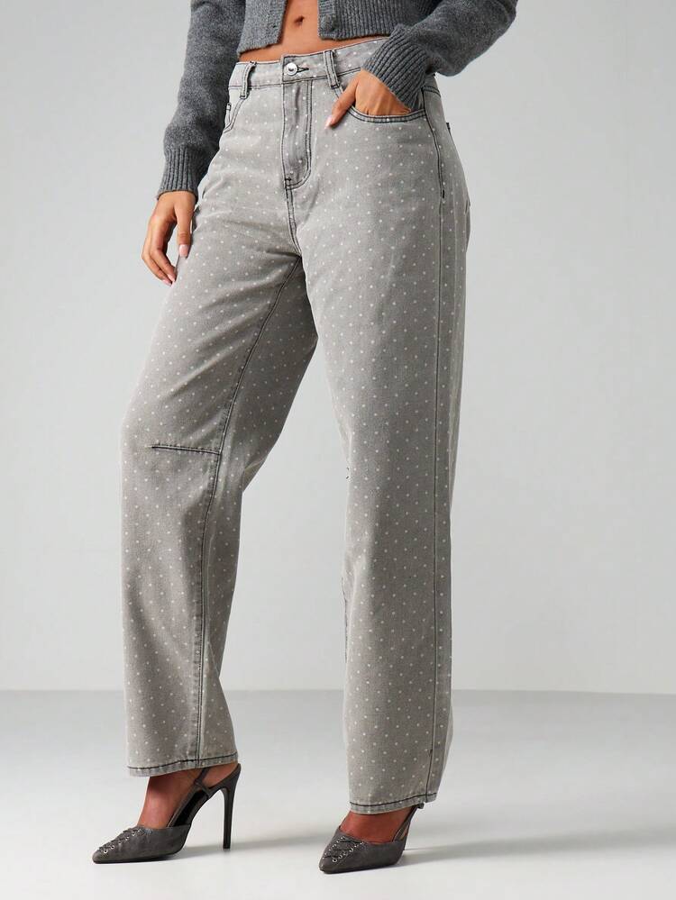 MISSGUIDED Jeans dritti in denim lavato vintage con vita alta e stampa a pois, pantaloni di moda casual da indossare tutti i giorni, stile classico