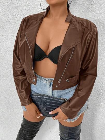 Maweii Plus Size Women Solid Color PU Leather Zipper Front Casual Biker Jacket