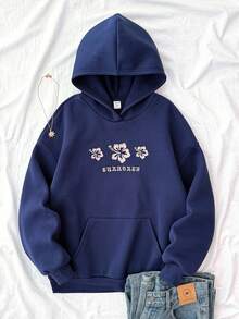 SHEIN 少女藏蓝色刺绣花卉休闲宽松套头卫衣 - 藏蓝色 - 查看 11