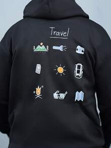 Heavens Edit 男士户外探险元素印花抽绳连帽卫衣，开学季，秋冬 - 黑色 - 查看 6