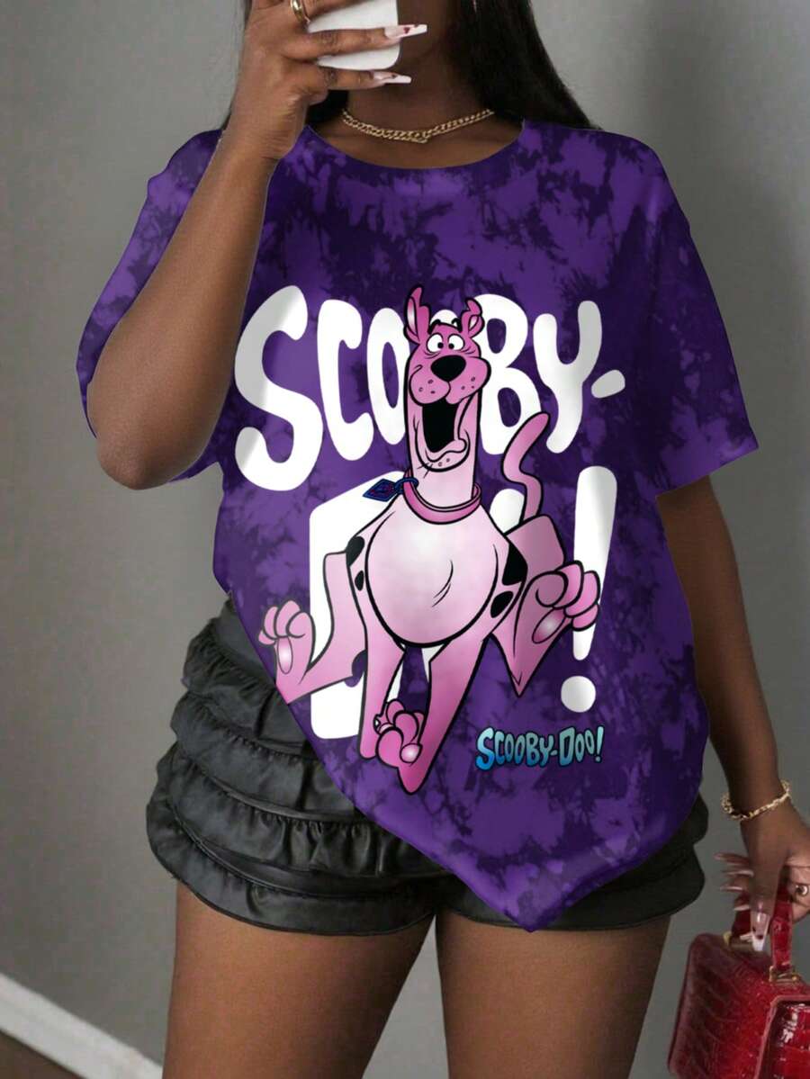 SCOOBY-DOO X SHEIN Plus Size Letter & Cartoon Graphic Round Neck Short Sleeve T-Shirt T-Shirts Crazy Dog T Shirts Women Cartoon Shirts Anime Shirt - White - View 1