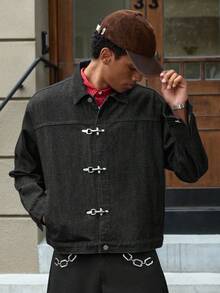 SWAVVY Áo khoác denim dài tay thường ngày màu trơn dành cho nam - Rửa tối - Xem 5