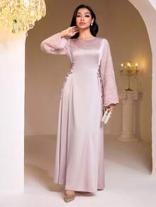 Al Najma Đầm nữ cổ vuông thêu hoa tay loe buộc eo kiểu Ả Rập thanh lịch - Hồng - Xem 3