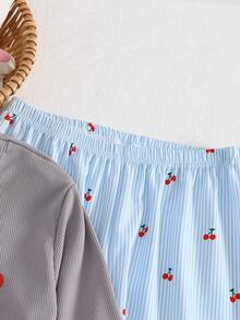 女童蓝灰色樱桃印花长袖上衣和罗纹休闲裤家居服套装 - 彩色 - 查看 5