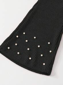 SHEIN ChillGRL Teenage Girls' Casual Shirt Set, Featuring Burgundy Bow Design, Pearl Beaded Knit Fabric, White Long Sleeve Ruffle Hem Blouse Top Paired With Burgundy Pearl Beaded Knit Fabric Flared Pants, Suitable For Casual, Commute, Travel, Party, Photoshoot, Back To School Season Girls Outfit Girls Clothes Sets Girls Flare Pants Set Teenage Girls Spring And Autumn Suit Girls Pant And Shirt Set Teenage Girl Clothes Sets Pants Shirt 3pcs Sets Teen Girls Sets Girls Pants And Shirt Sets - Black - View 6