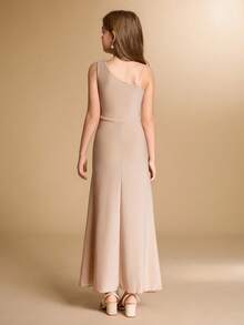 Tween Girl Elegant Champagne Gold & Silver Thread Single Ruffle High Dress - Champagne - View 2