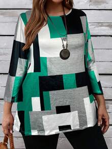 EMERY ROSE Plus Size Color Block Round Neck Long Sleeve Casual T-Shirt - Multicolor - View 6