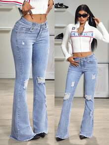 Jeanoix Women's Casual Daily Commute Fashion Street Low Waist Ripped Flare Jeans - Light Wash - View 1