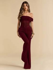 SHEIN BAE Elegant Sexy Black Sheer Mesh One-Shoulder Wide Leg Jumpsuit, Versatile For Daily Wear, Dates, Outings, Parties, Graceful Women's Layering Piece, Asymmetric Jumpsuit, Wide Leg Jumpsuit, Valentine's Day Jumpsuit, Everyday Jumpsuit, Elegant Jumpsuit - Burgundy - View 3