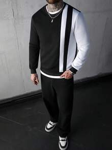 SLATEMANN Men Color Block Sweatshirt Going Out Crew Neck Long Sleeve Casual Sweatshirt, For Friends, Husband, Boyfriend Gifts , Fall - Black and White - View 4