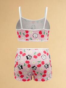 Felix The Cat X SHEIN Young Girl Cartoon & Cherry Print Camisole Bra And Boyshort Panty Lingerie Set - Pink - View 2