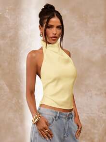 SHEIN BAE Apricot Color Backless Draped Neck Women's Tank Top, Sexy & Elegant Camisole For Spring/Summer - Yellow - View 5
