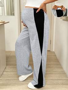 SHEIN 孕妇撞色拼接松紧腰宽松休闲运动裤 - 灰色 - 查看 1
