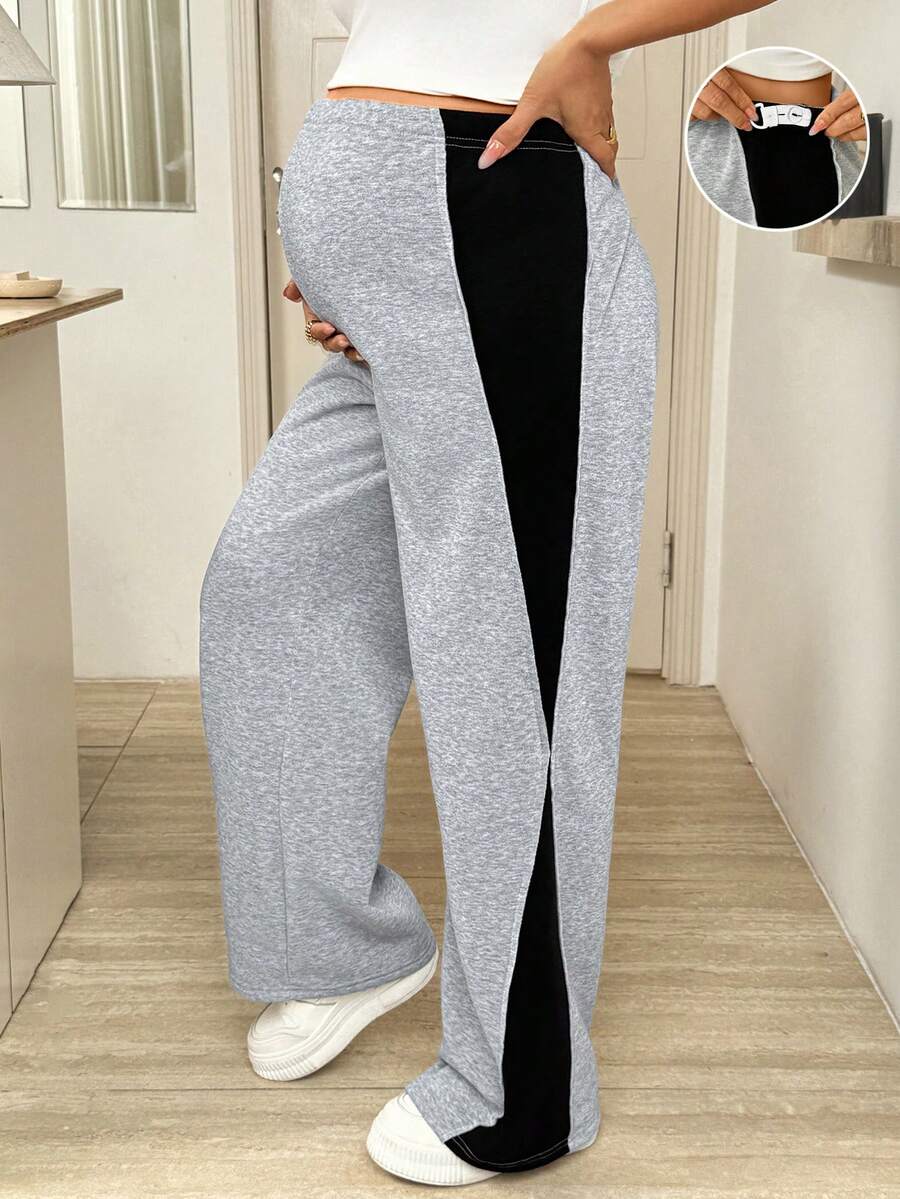 SHEIN 孕妇撞色拼接松紧腰宽松休闲运动裤 - 灰色 - 查看 1