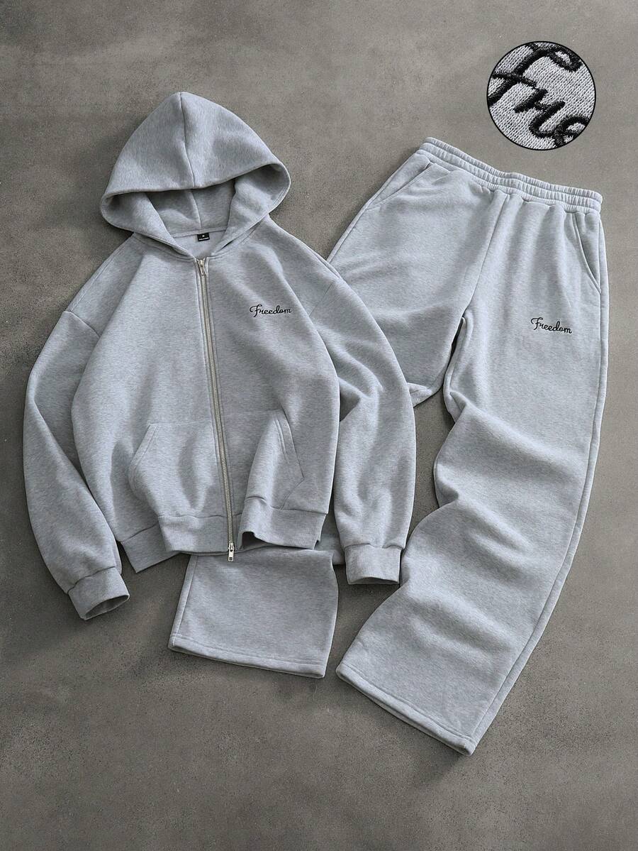 PAVTROS Bộ áo hoodie có khóa kéo dành cho nam, thêu chữ tối giản, áo nỉ trơn màu - Màu Xám nhạt - Xem 1