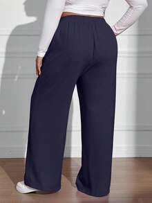 Pantalones rectos de cintura elástica de unicolor casual de talla grande, otoño - Azul Marino - Ver 2