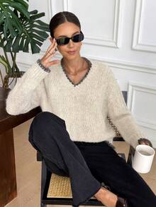 SHEIN Frenchy Women's Casual  Contrast Color V-Neck Drop Shoulder Long Sleeve Sweater, Autumn/Winter ,Autumn/Winter For Women,Going Out ,Chic Sweater, Fall For Women,New Year ,Party,Graduation ,Casual, Prom ,Going Out Tops Winter Casual, All Season ,New Year Clothes,Sweaters For Women - Multicolor - View 7