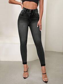 Selenza Jeans ajustados de unicolor con bolsillo y botón, versátiles y de moda - Negro - Ver 3