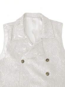 Manfinity Mode 男士压花双排扣复古纯色西装背心 - 白色 - 查看 4