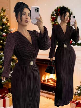 Rafferiza Lyxig elegant veckad hellång klänning med v-ringning, åtsittande midja, metallspännedekoration, avtagbart bälte, bantande effekt, långa puffärmar, djup vinröd, lämplig för pendling, exklusiva fester, galor, privata salonger och andra tillfällen