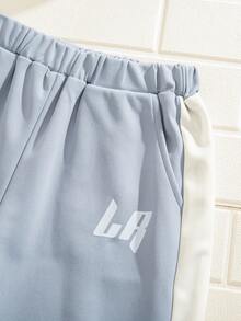 SHEIN Casuvi Kids 男童连帽撞色LR刺绣长袖卫衣和运动裤两件套休闲运动服 - 彩色 - 查看 12