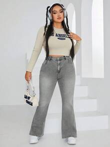 Jeanoix Plus Size Women Pockets Button Slim Fit Flared Jeans, Versatile For Daily Wear - Grey - View 4