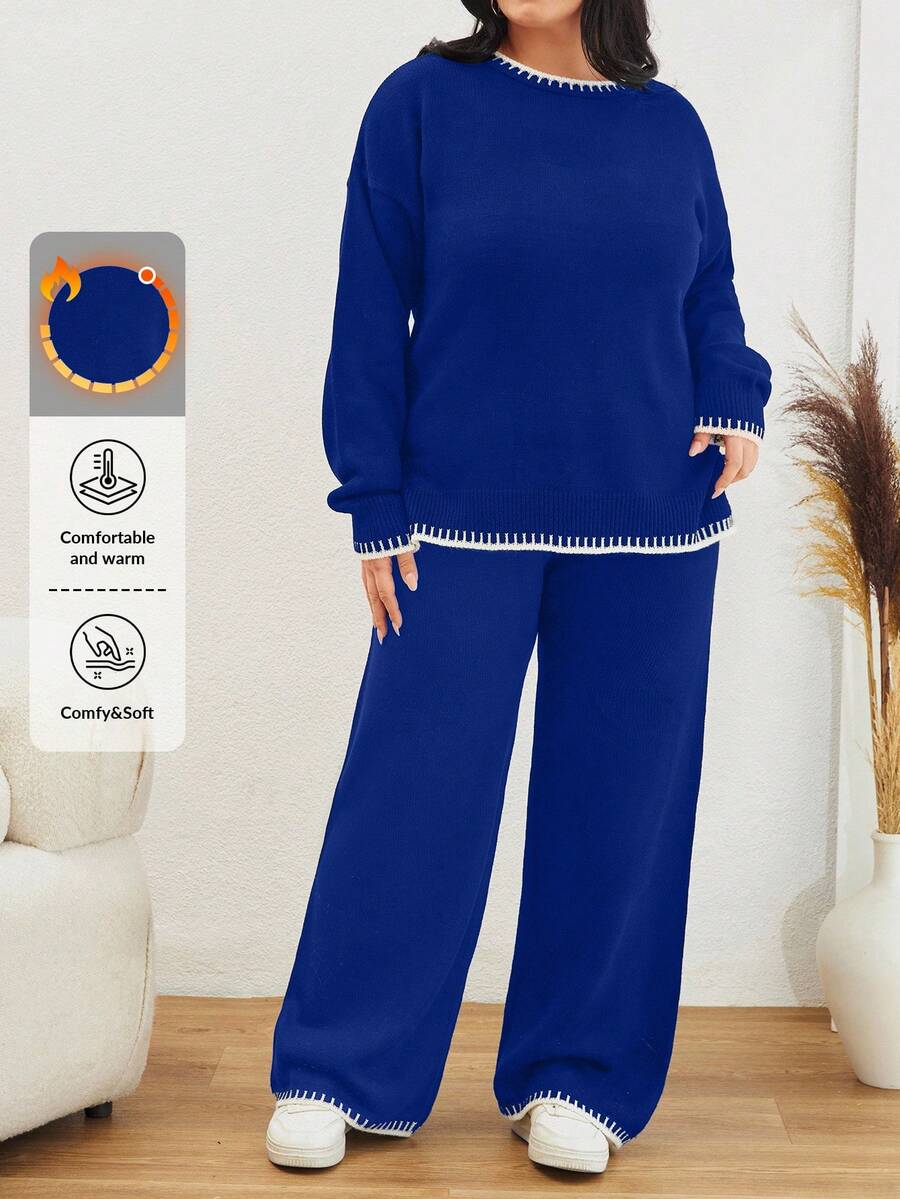 Color Block Edged Long Sleeve Sweater And Knitted Pants Two Pieces Set - Royal Blue - View 1
