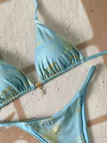 Swim Vcay 2026 Spring/Summer Blue & Gold Metallic Spaghetti Strap Backless Side High Cut 2pcs Bikini Set Turquoise Bikini Aqua Bikini - Blue - View 4