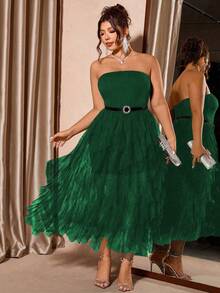 Cravure Plus Size Women's Bestselling Solid Color Elegant Strapless Mesh Irregular Patchwork Dress, Fitted Slimming A-Line Silhouette, Suitable For Party, Club, Evening Gala, Daily Commute, Dining Out, Photo Shoot - Green - View 3