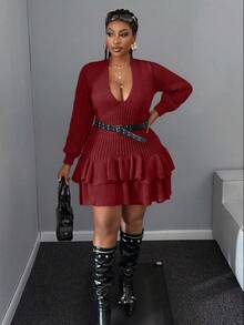 Maweii Plus Size Women Casual Solid Color Ruffle Hem Deep V-Neck Sweater Dress - Red - View 7