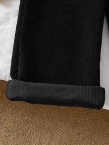 SHEIN Quần ống đứng màu đen, chất liệu nhung kẻ dày dặn, cạp chun xếp ly, có túi, thích hợp cho bé gái tuổi teen. - màu đen - Xem 5