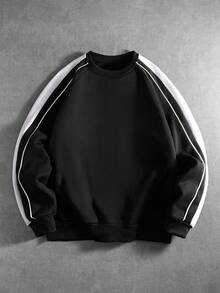 Manfinity Homme Men's Striped Crew Neck Raglan Long Sleeve Casual Fleece Pullover Sweatshirt, Autumn/Winter Men Tops Long Sleeve Men Jogging Suits Men Sport Clothes - Black - View 3