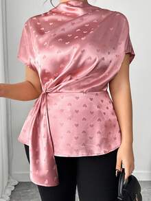 Elenzga Áo sơ mi tay ngắn cổ tròn thắt eo lãng mạn cỡ lớn dành cho nữ, chất liệu vải satin hình trái tim, kiểu áo thanh lịch kiểu Pháp khi đi làm và ngày lễ tình nhân - Hồng - Xem 6