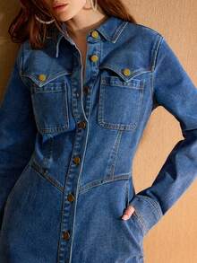 MOTF PREMIUM VESTIDO DE MEZCLILLA CON CINTURA AJUSTADA Y BOTONES LAVADOS - Lavado ligero - Ver 2