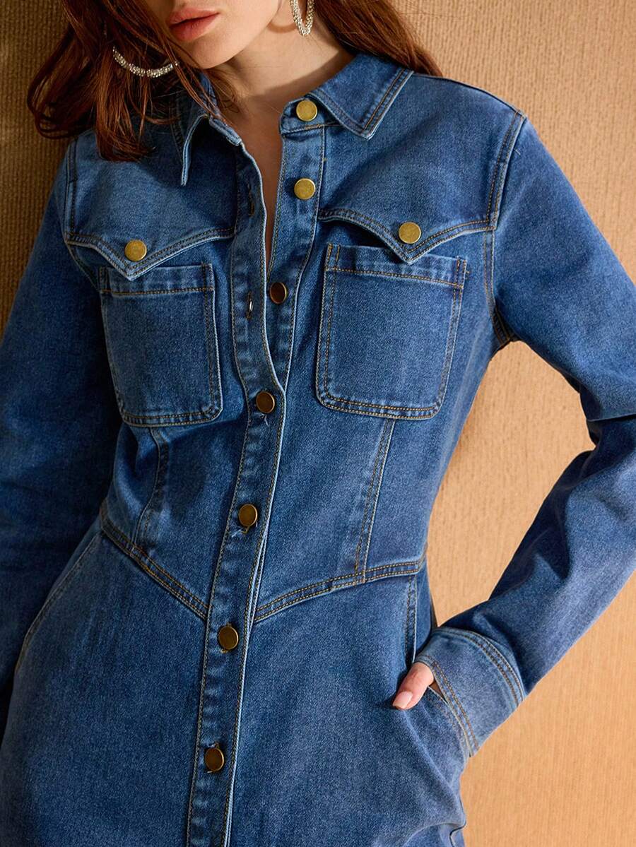 MOTF PREMIUM WASHED BUTTON UP FITTED WAIST DENIM DRESS - Light Wash - View 2