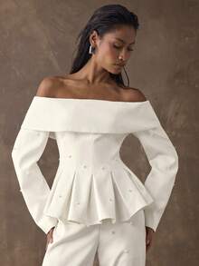 SHEIN BAE Weiße, schulterfreie Jacke mit Perlenverzierungen für Herbst/Winter. Dieser weiße, schulterfreie Blazer mit Perlenapplikationen strahlt Eleganz aus. Perfekt für Partys, Weihnachtsfeiern, Geburtstagsfeste und festliche Anlässe.