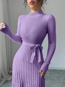 Rafferiza 女士纯色简约长袖宽松连衣裙 - 淡紫色 - 查看 6