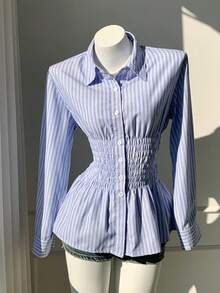 Comfortcana 2025 New Fall/Winter Fashionable Women's Striped Fresh Waist Cinching Long Sleeve Shirt Christmas For Women New Year Elegant Blouses For Women Casual Blouse For Women Business Casual Women Shirts Blue Striped Shirt - Blue - View 5