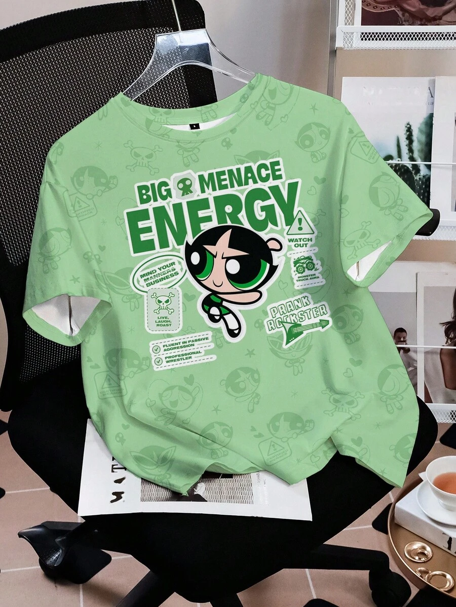 THE POWERPUFF GIRLS X SHEIN Women's Cute Buttercup & Letter Print Short Sleeve T-Shirt, Summer Women Graphic Shirts Big T Shirts Women Graphic T Shirt Cartoon Graphic Tee Anime Shirt - White - View 1