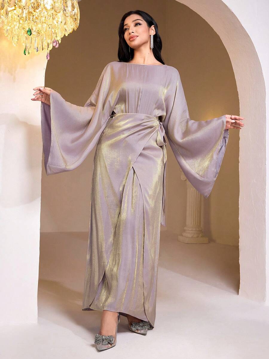 Veilorie Women's Elegant Loose Fit Round Neck Long Sleeve Dress Dress Modest Long Dress With Sleeves - Khaki - View 1